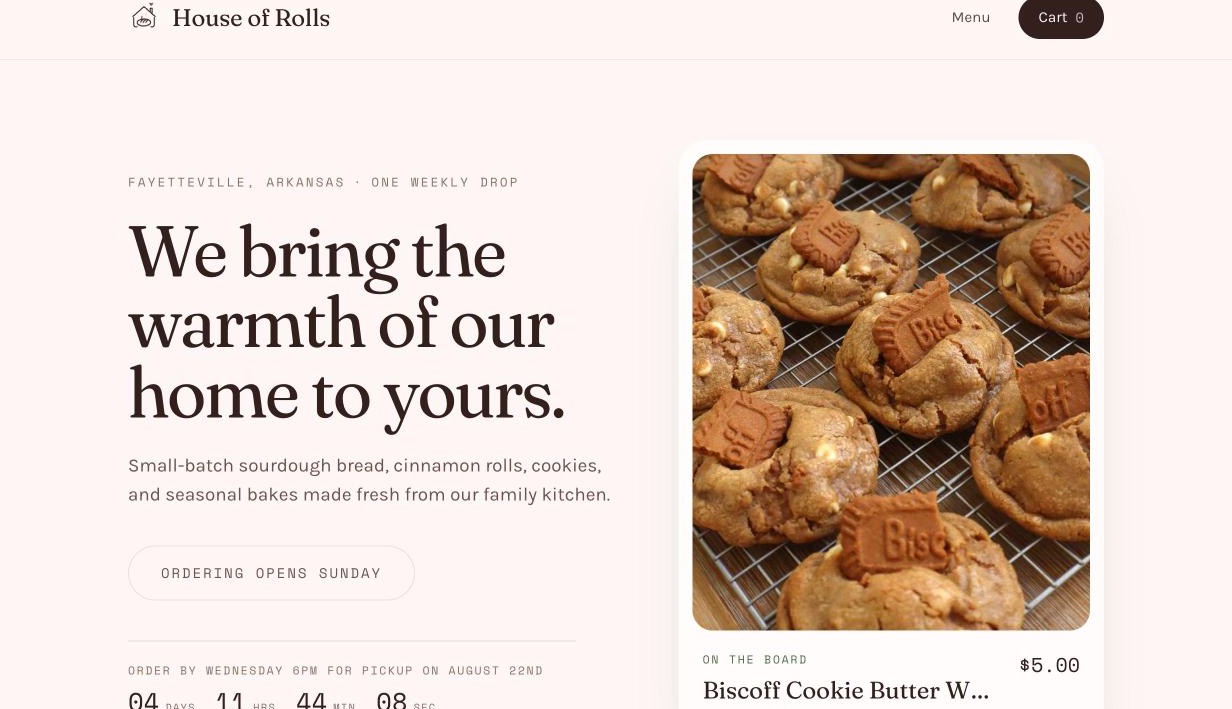 House of Rolls storefront — the home page hero and weekly bake menu